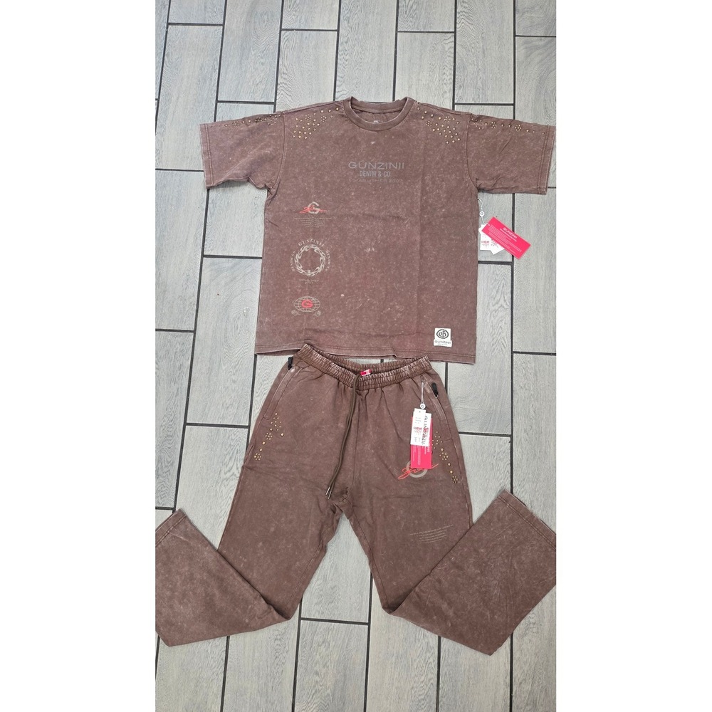 Gunzinii Denim Co Mens Brown Mineral Wash Studded T-Shirt and Pants Set-Small